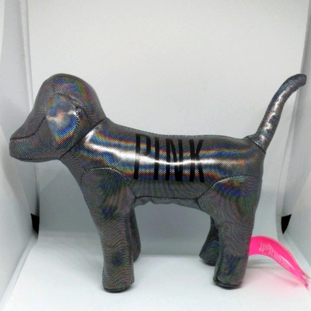 Victoria's Secret PINK blavk Silver Metallic Dog Plush Holographic, 9in